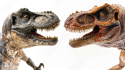 Fototapeta Naklejka Na Ścianę i Meble -  close up of two toy dinosaurs with their mouths open