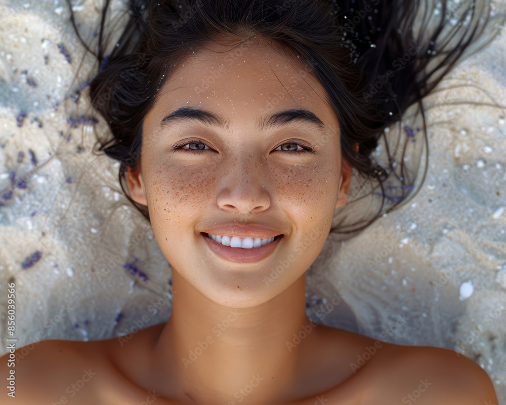 Radiant Smiling Woman Lying on Sandy Beach with Freckles Enjoying Nature and Sun Kissed Radiance under Natural Sunlight for Perfect Beach Day Memory Capture Radiant Smiling Woman Lying on Sandy Beach with Freckles Enjoying Nature and Sun Kissed Radiance under Natural Sunlight for Perfect Beach Day Memory Capture