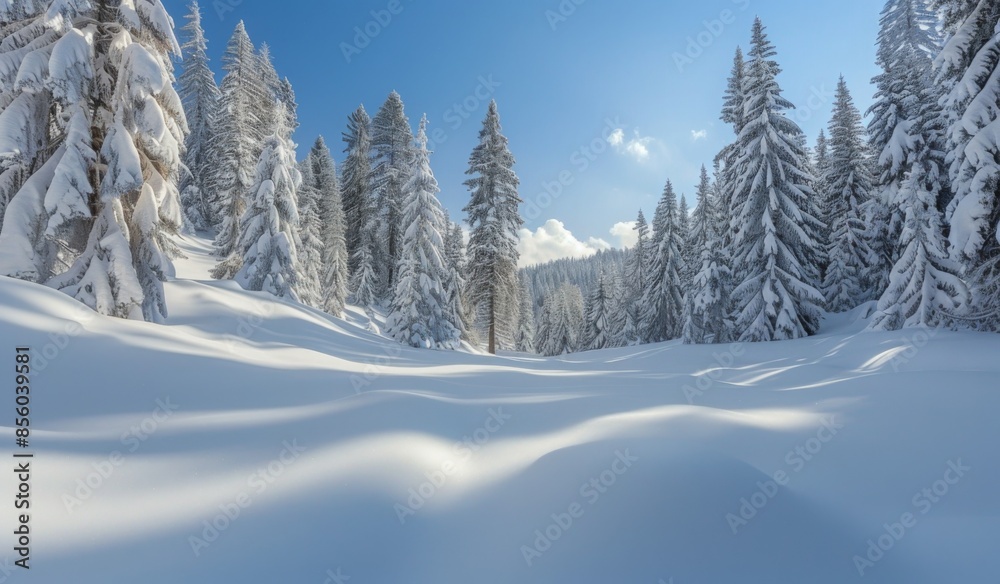 Fototapeta premium A serene snow-covered forest with tall pine trees, a blanket of fresh snow, and a clear blue sky