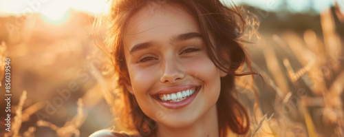 Radiant Smiling Woman in Sunlit Wheat Field During Golden Hour A Serene Blend of Nature, Happiness, and Sun Drenched Beauty Captured in a Perfect Moment of Bliss and Tranquility