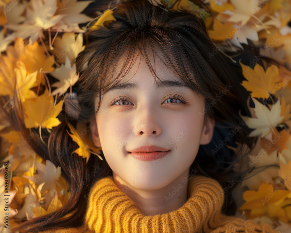 Serene Autumn Portrait A Smiling Woman Lying Among Golden Autumn Leaves, Capturing the Beauty and Joy of the Fall Season, Embraced by Nature's Splendor with a Warm, Captivating Glow Serene Autumn Portrait A Smiling Woman Lying Among Golden Autumn Leaves, Capturing the Beauty and Joy of the Fall Season, Embraced by Nature's Splendor with a Warm, Captivating Glow