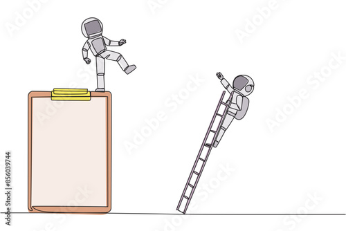 Single one line drawing astronaut kicks opponent who is climbing a big clipboard with a ladder. The bully will ruin the daily report. Chase away bullies. Continuous line design graphic illustration