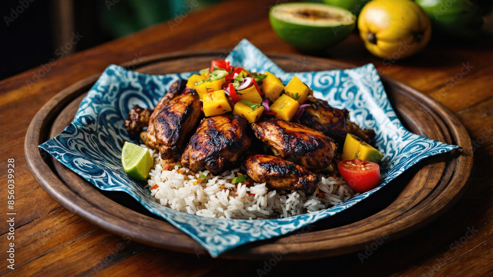 Jamaican jerk chicken with rice.Chicken thighs baked to crispy perfection on a bed of fragrant rice. Jamaican jerk chicken with rice.Chicken thighs baked to crispy perfection on a bed of fragrant rice.