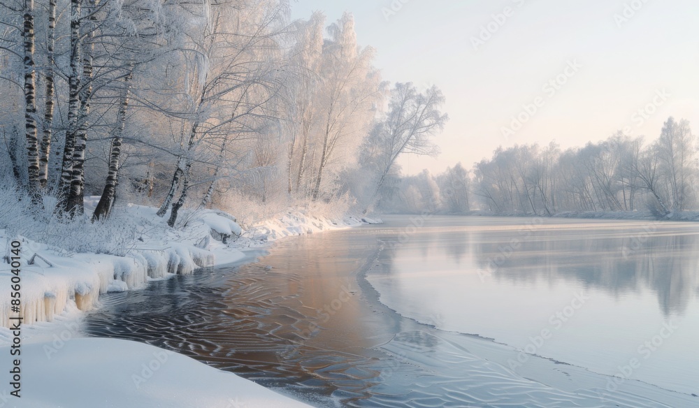 A tranquil riverside scene with a frozen river, snow-covered banks, and a forest of frosted trees under a pale winter sky A tranquil riverside scene with a frozen river, snow-covered banks, and a forest of frosted trees under a pale winter sky