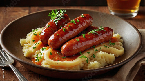 Bangers and mash. Mashed potatoes with sausages. Bangers and mash, also known as sausages and mash, is a traditional British dish consisting of sausages and mashed potato.