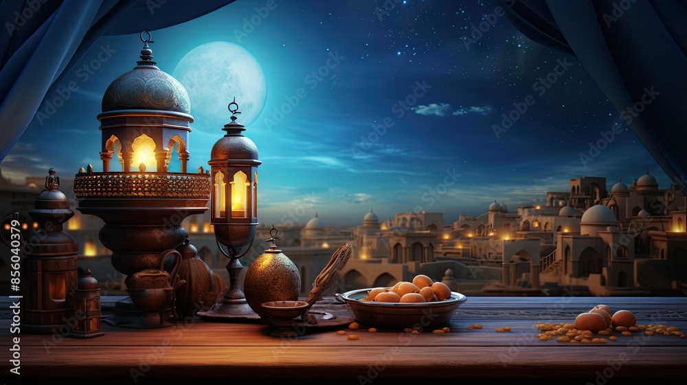 The beautiful night view of an ancient Arabian city. The full moon is shining brightly in the sky, and the stars are twinkling. The beautiful night view of an ancient Arabian city. The full moon is shining brightly in the sky, and the stars are twinkling.