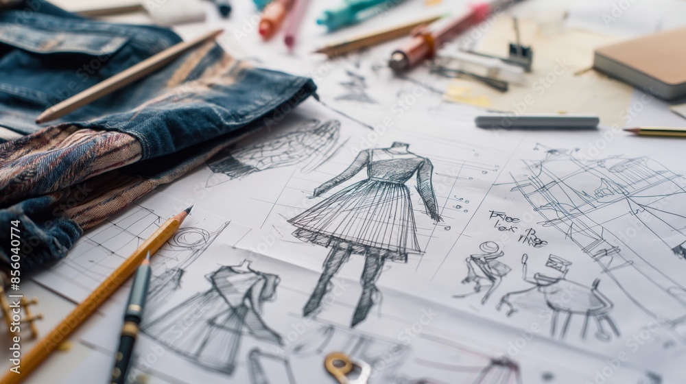 Detailed sketch of a dress surrounded by drawing materials and denim jacket, showcasing the fashion design process