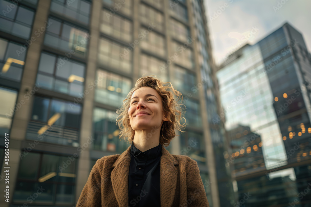Fototapeta premium Confident woman with short curly hair smiling brightly in front of a modern office building, radiating joy and optimism