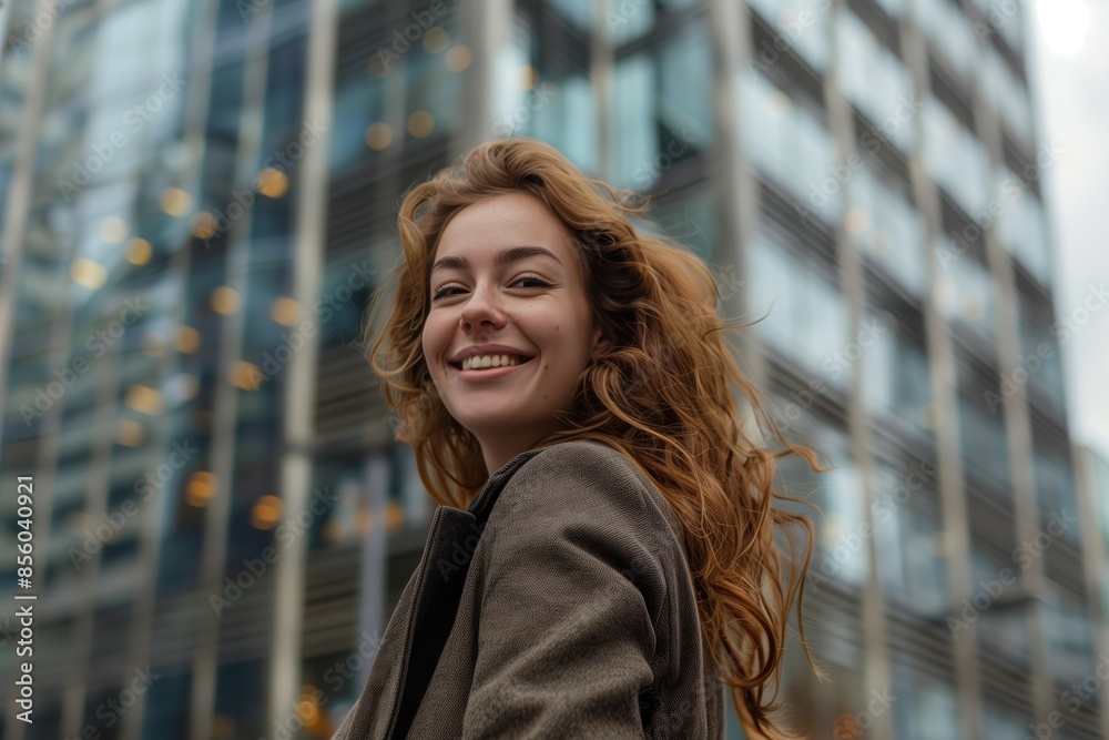 Fototapeta premium Happy young woman with flowing auburn hair smiling brightly in front of a modern office building, exuding joy and confidence