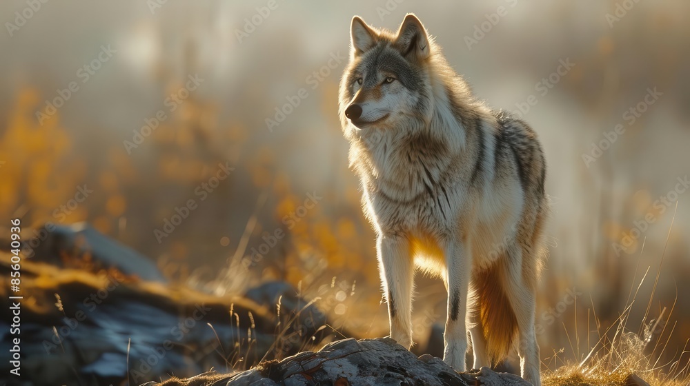 lone wolf standing on a rocky hill in the sun lone wolf standing on a rocky hill in the sun