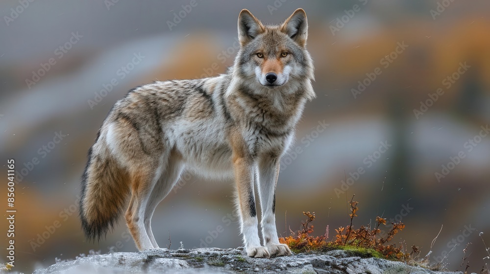 Fototapeta premium lone wolf standing on a rock in the mountains