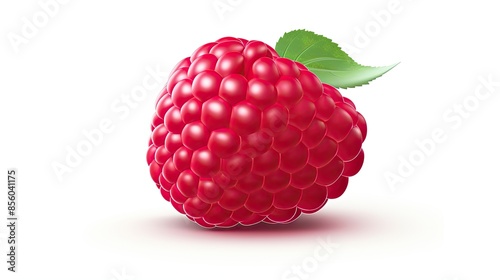 A photo of a red raspberry on a white background with a leaf. The raspberry is in focus and has a realistic appearance. photo