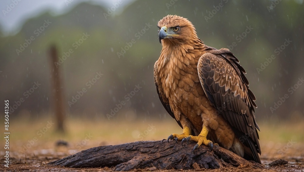Fototapeta premium Tawny Eagle Crouches on Stump During Rainfall