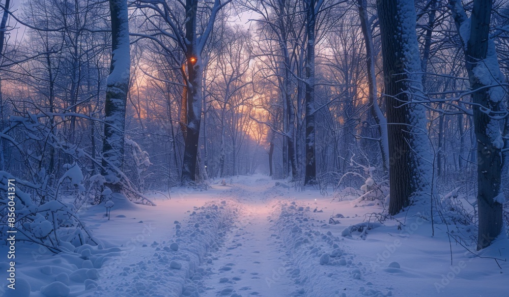 An enchanting woodland path covered in a thick layer of snow, with bare trees lining the way, and the soft glow of twilight filtering through An enchanting woodland path covered in a thick layer of snow, with bare trees lining the way, and the soft glow of twilight filtering through