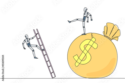 Single continuous line drawing smart robot kicks opponent who is climbing the money bag with a ladder. Cheated by a business partner. Unprofitable business. Rival. One line design vector illustration