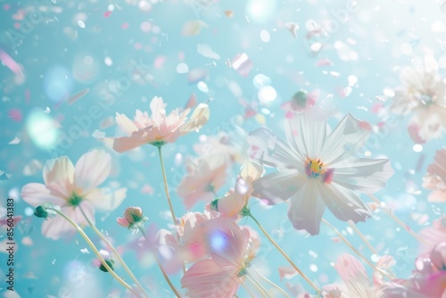 Flowers cosmeya on airy spring background. Serene Springtime Scene with Pink and White Cosmos Flowers Against a Sparkling Blue Background photo