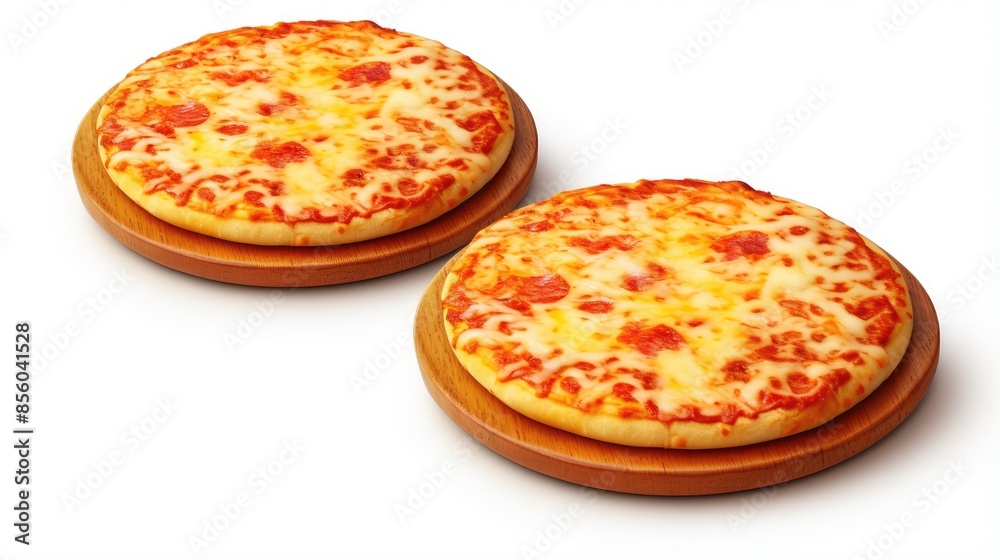 Two pizzas with melted cheese and pepperoni on wooden plates, isolated on white background.