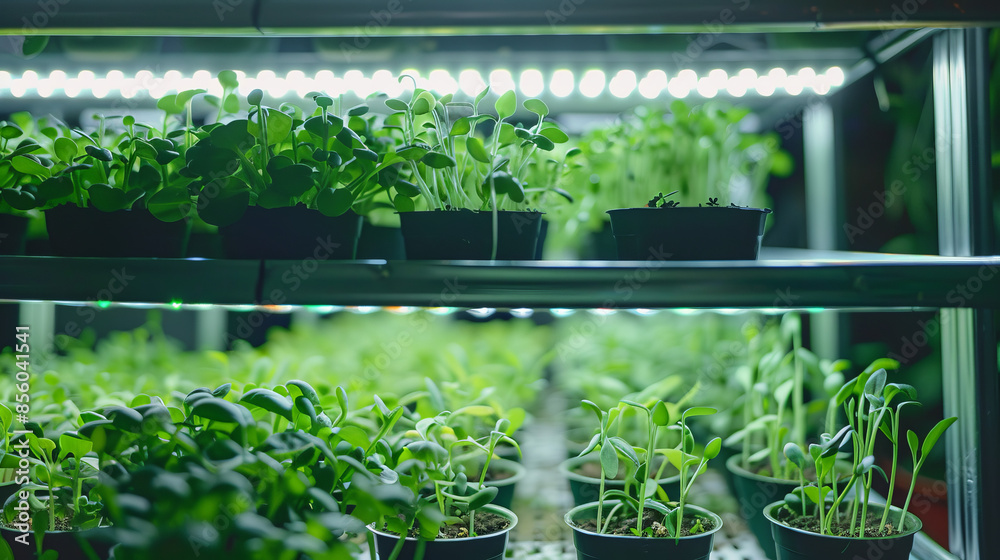 Automatic cultivation of fresh micro-greenery in a vertical farm, where green plants receive light and water on a schedule. Automatic cultivation of fresh micro-greenery in a vertical farm, where green plants receive light and water on a schedule.