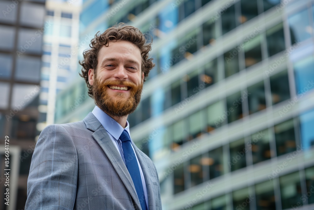 Smiling businessman with a beard standing confidently in front of a modern office building, reflecting professional success and positivity Smiling businessman with a beard standing confidently in front of a modern office building, reflecting professional success and positivity