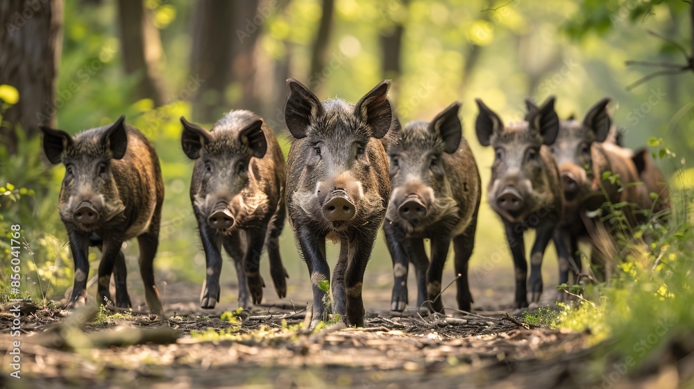 A pack of wild boar foraging in the forest and their bristly coats and sharp tusks a formidable sight A pack of wild boar foraging in the forest and their bristly coats and sharp tusks a formidable sight