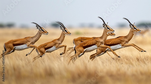 A herd of antelope leaping across the savanna and their slender legs and graceful movements a picture of natural athleticism
