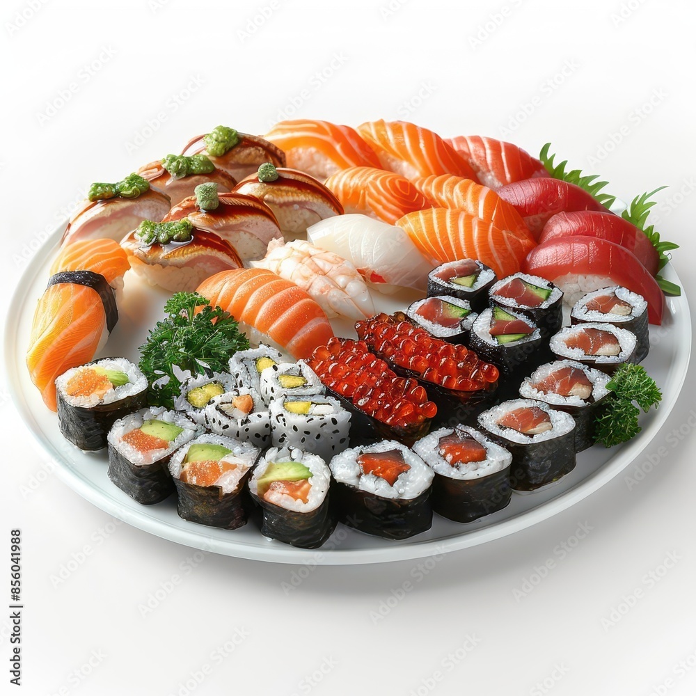 plate of sushi and sashimi on a white background plate of sushi and sashimi on a white background