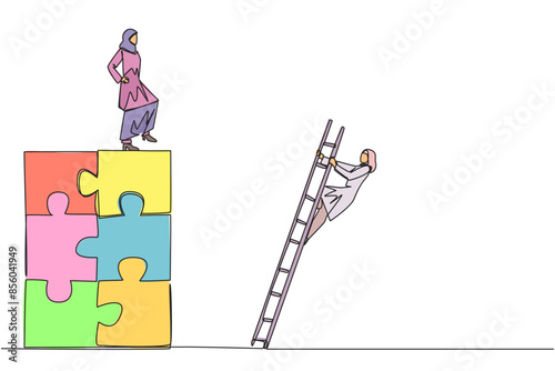 Single one line drawing Arab businesswoman kicks opponent who climbs the puzzle with stairs. Betrayed by colleague when successfully resolving a problem. Continuous line design graphic illustration