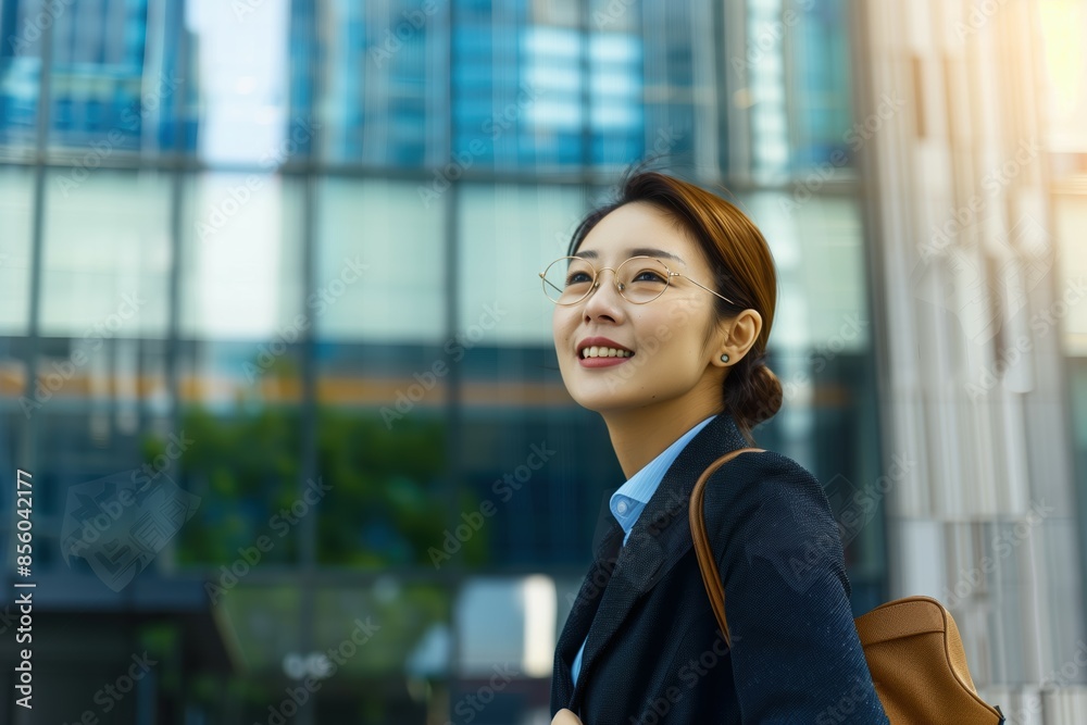 Smiling asian businesswoman in front of modern glass office building, symbolizing success and optimism in the corporate world Smiling asian businesswoman in front of modern glass office building, symbolizing success and optimism in the corporate world