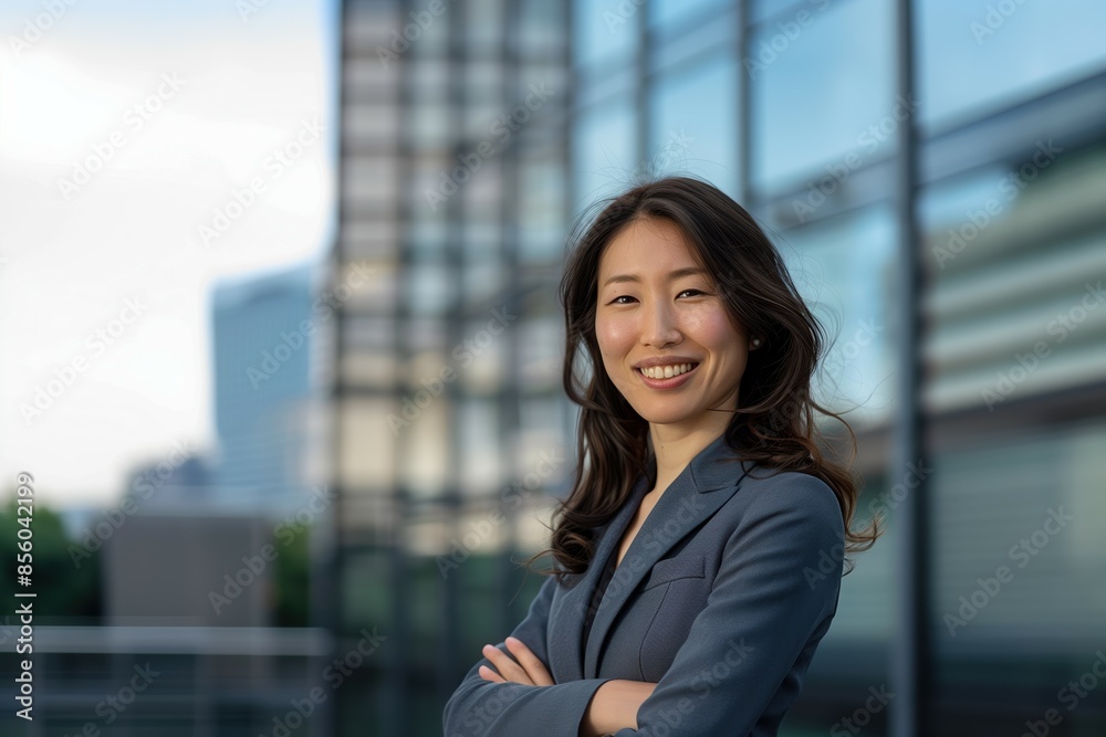 Confident Japanese businesswoman smiling in front of a modern office building, embodying professionalism and success in the corporate world Confident Japanese businesswoman smiling in front of a modern office building, embodying professionalism and success in the corporate world