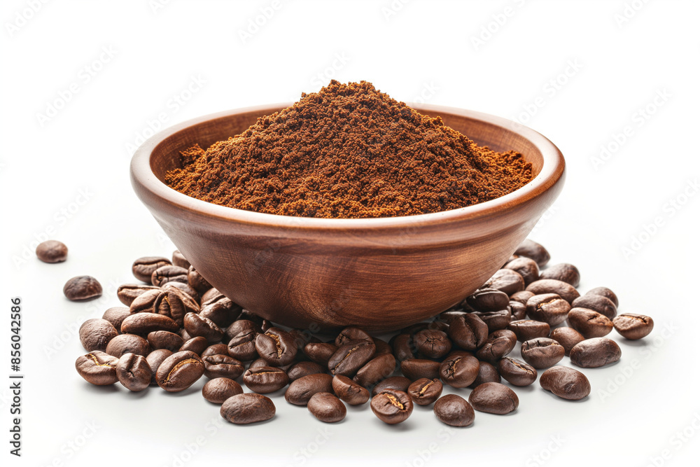coffee beans and cup, An ultra-realistic image of a bowl filled with ground coffee and coffee beans, isolated on a clean white background coffee beans and cup, An ultra-realistic image of a bowl filled with ground coffee and coffee beans, isolated on a clean white background