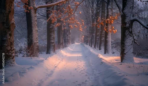 An enchanting woodland path covered in a thick layer of snow, with bare trees lining the way, and the soft glow of twilight filtering through © Lucianastudio