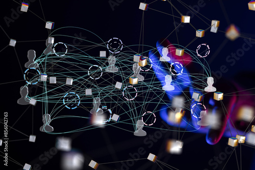 Abstract network of physical devices on the Internet using a network connection with statistics numbers 3d illustration