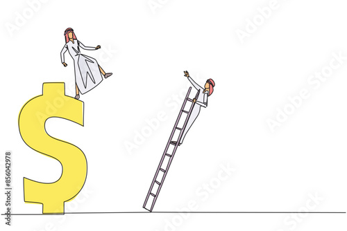 Single one line drawing Arab businessman kicks rival who is climbing a dollar symbol with ladder. Unhealthy competition. Using rough methods to bring down. Continuous line design graphic illustration