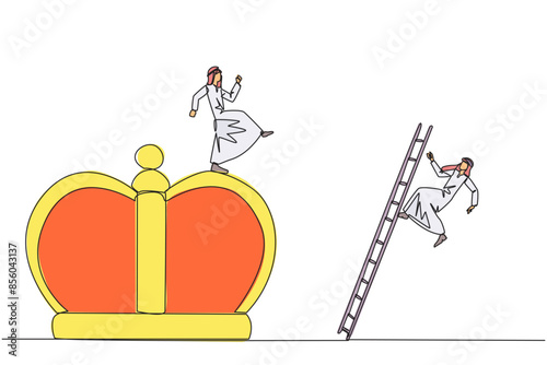 Continuous one line drawing Arab businessman kicks opponent who climbs the crown with ladder. Making rivals fall from business glory. Unhealthy competition. Single line draw design vector illustration