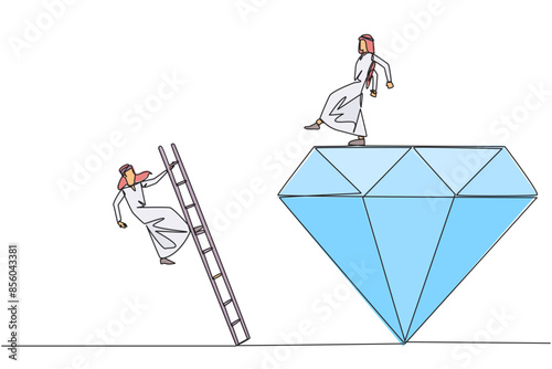 Single continuous line drawing Arab businessman kicks rival who climbs the diamond with a ladder. Knocking rival down from achieving a glorious position together. One line design vector illustration