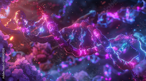 Craft a dynamic artwork of cellular DNA repair processes, featuring enzymes and base pairs interacting amidst a field of morphing, neon-colored structures.