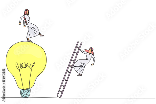 Single continuous line drawing Arab businessman kicks opponent who climbs the lightbulb with a ladder. Dropping colleague because don't have bright ideas. Traitor. One line design vector illustration
