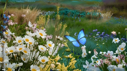 Teal Morning Nature's Meadow with Daisies and Butterflies