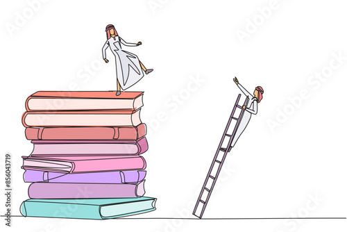 Single continuous line drawing Arab businessman kicks opponent who climbs a pile of books with a ladder. Failed to gain access to profitable business principles. One line design vector illustration
