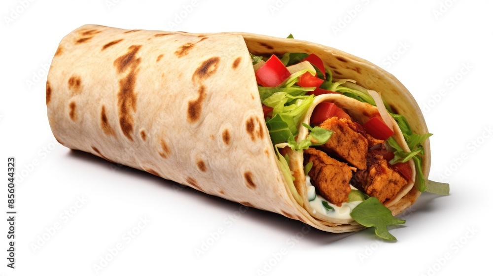 Fresh and delicious doner kebab wrap with chicken, salad and tzatziki sauce. Isolated on white background. Fresh and delicious doner kebab wrap with chicken, salad and tzatziki sauce. Isolated on white background.