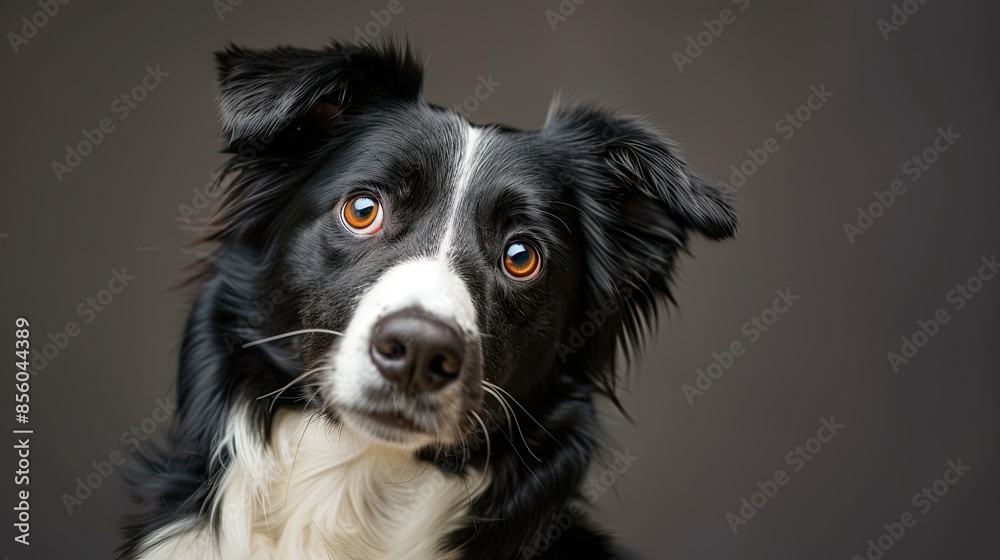 Border collie sitting and tilting its head, staring at the camera with a cute expression