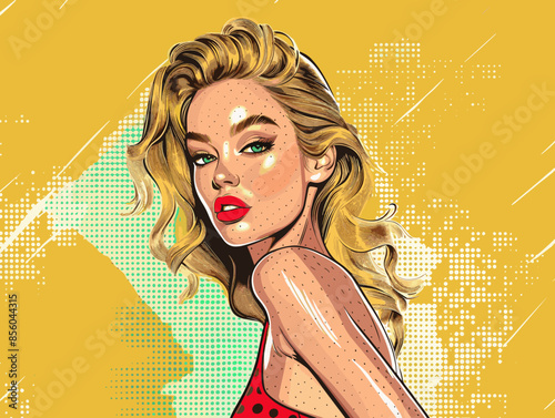 Pop art beautiful blonde woman in pin up style. Vector illustration