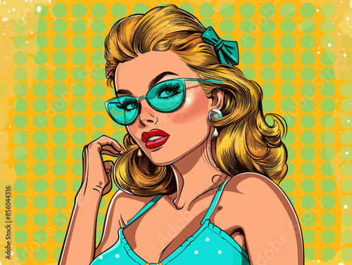 Pop art beautiful blonde woman in pin up style. Vector illustration