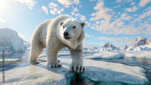 A polar bear walking on the ice, snow covered mountains in the background, 3D rendering photo