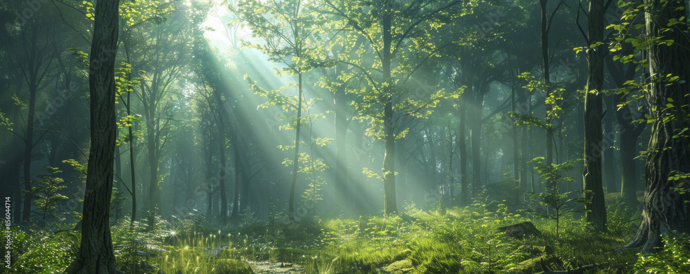 Fototapeta premium A tranquil forest scene with sunlight filtering through the trees.