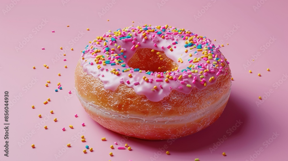 Close-up of an artistic donut with vibrant sprinkles, high-resolution on pink backdrop Close-up of an artistic donut with vibrant sprinkles, high-resolution on pink backdrop