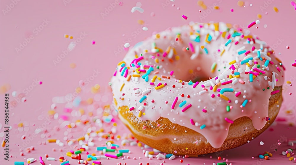 Close-up of an artistic donut with vibrant sprinkles, high-resolution on pink backdrop Close-up of an artistic donut with vibrant sprinkles, high-resolution on pink backdrop
