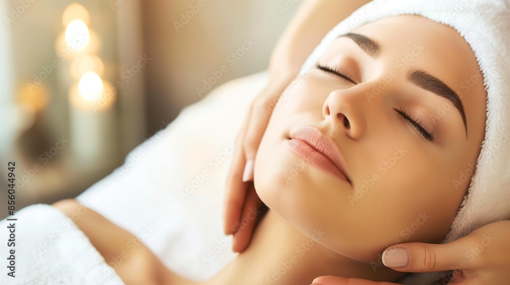 A soothing spa setting with a blurred individual and ambient candlelight emphasizing relaxation and self-care