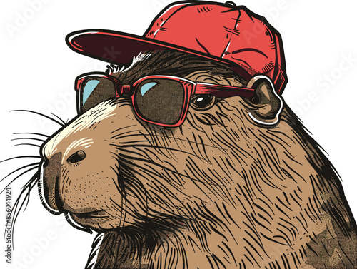 A cartoon of a capybara wearing sunglasses and a red hat. The monkey has a goofy, fun, and playful look to it