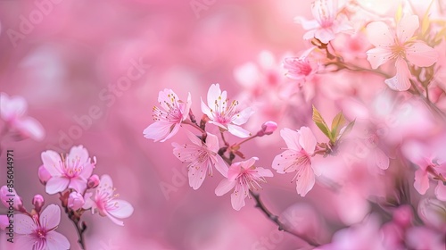 Close-up of cherry blossoms in spring, soft pink petals, nature background © chanidapa